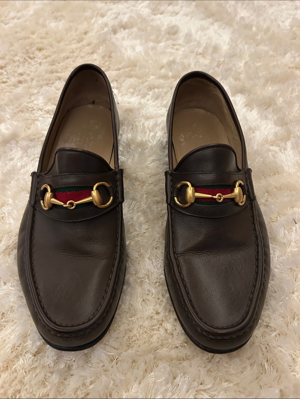 Authentic Gucci Men's Brown Leather Bit Loafers with Red/Green Web Accent
